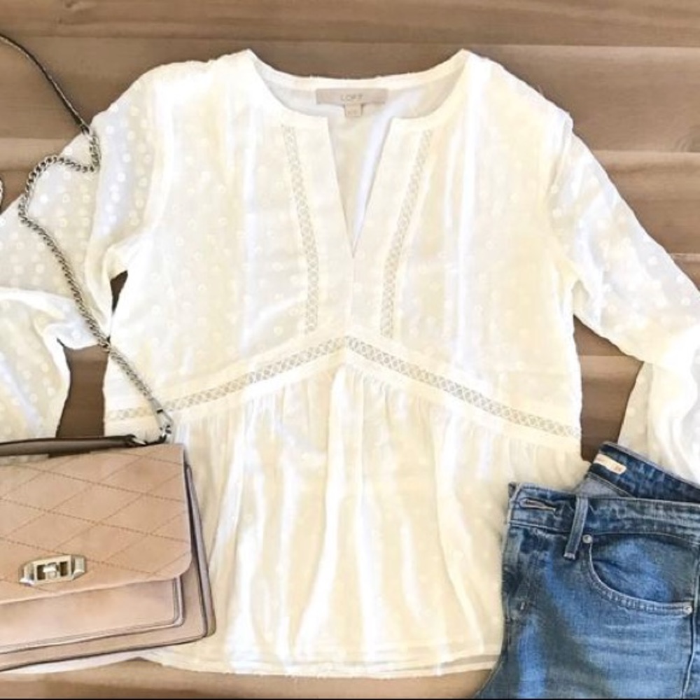 LOFT white peplum lace dot long sleeve top, Sz S